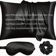 4pcs Satin Pillowcase Set with Eye Cover and Hair Ring - Vegan Silk