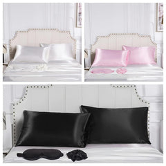 4pcs Satin Pillowcase Set with Eye Cover and Hair Ring - Vegan Silk