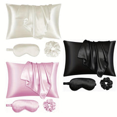4pcs Satin Pillowcase Set with Eye Cover and Hair Ring - Vegan Silk
