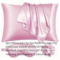 4pcs Satin Pillowcase Set with Eye Cover and Hair Ring - Vegan Silk