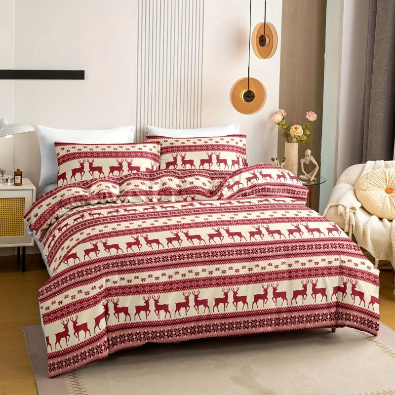 Christmas Duvet Cover Set Reindeer Striped Print Bedding Set