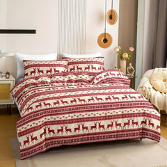Christmas Duvet Cover Set Reindeer Striped Print Bedding Set