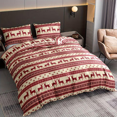 Christmas Duvet Cover Set Reindeer Striped Print Bedding Set