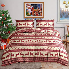 Christmas Duvet Cover Set Reindeer Striped Print Bedding Set