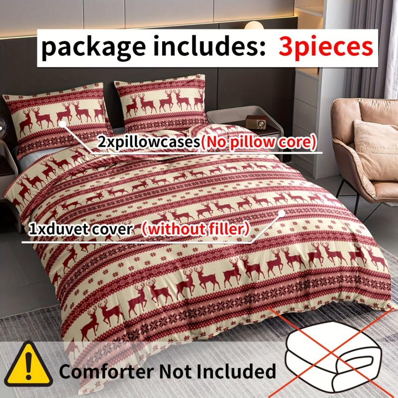 Christmas Duvet Cover Set Reindeer Striped Print Bedding Set