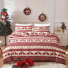 Christmas Duvet Cover Set Reindeer Striped Print Bedding Set