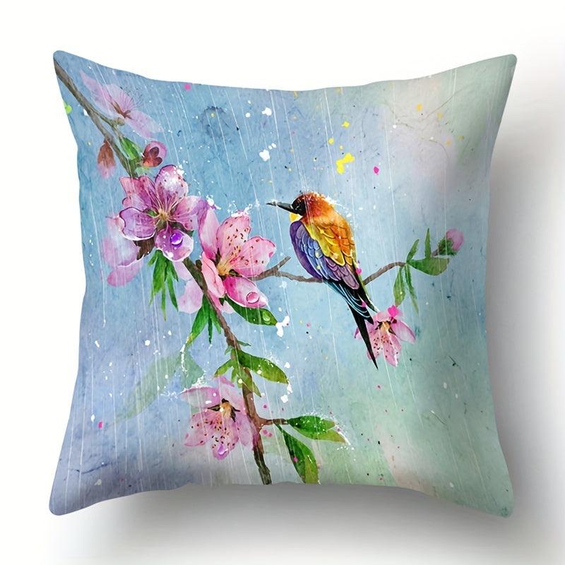 Vintage Flower Pattern Pillowcase Green Painting Flower Bird Pillow Cover