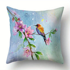 Vintage Flower Pattern Pillowcase Green Painting Flower Bird Pillow Cover