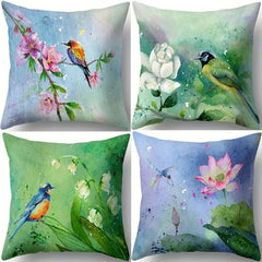Vintage Flower Pattern Pillowcase Green Painting Flower Bird Pillow Cover