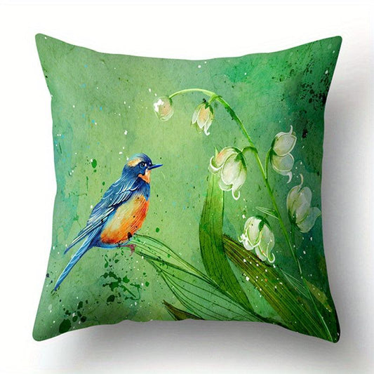 Vintage Flower Pattern Pillowcase Green Painting Flower Bird Pillow Cover