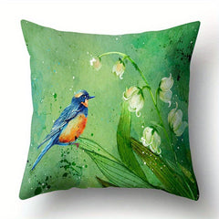 Vintage Flower Pattern Pillowcase Green Painting Flower Bird Pillow Cover