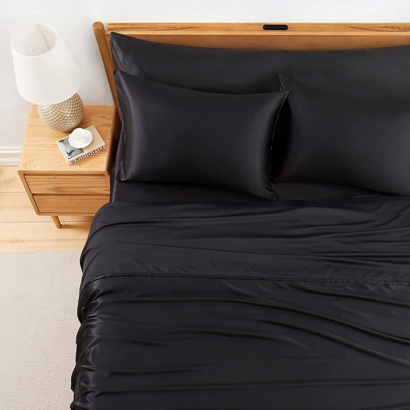 Soft Satin Bedding Set with 1 Flat Sheet, 1 Fitted Sheet, and 2 Pillowcases