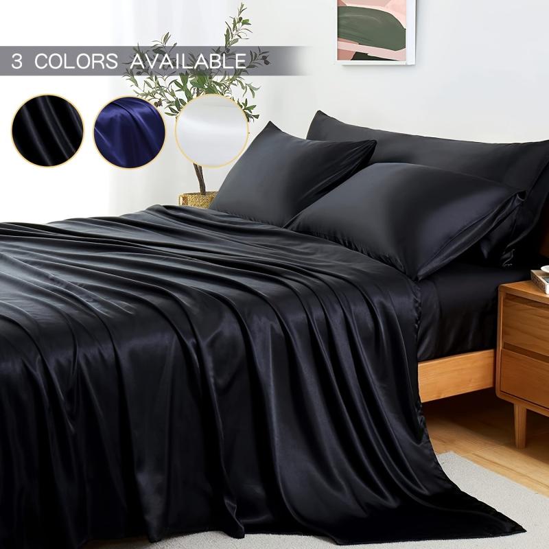 Soft Satin Bedding Set with 1 Flat Sheet, 1 Fitted Sheet, and 2 Pillowcases