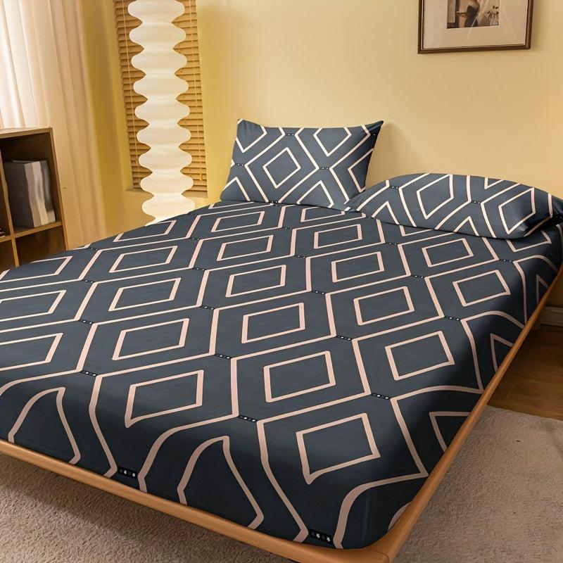 Soft Geometric Print Fitted Sheet with Deep Pocket - Brushed Comfortable Bedding
