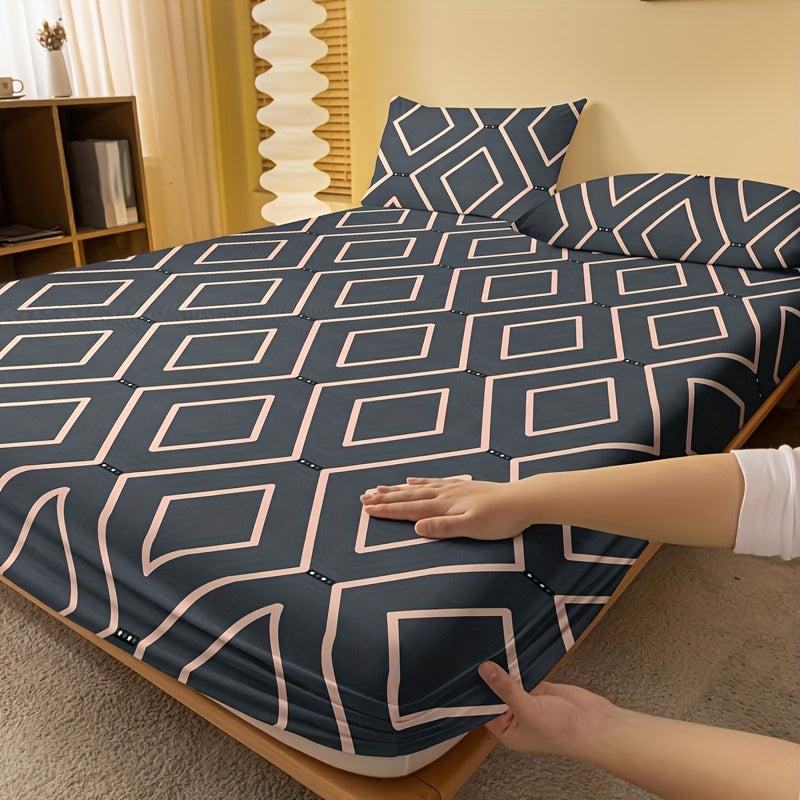 Soft Geometric Print Fitted Sheet with Deep Pocket - Brushed Comfortable Bedding