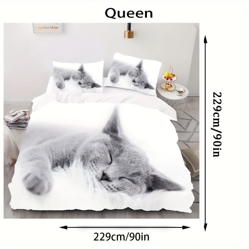 3pc 3D Cat Print Duvet Cover Set, Soft Comfortable Bedding with Zipper