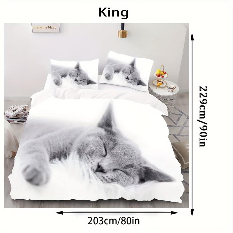 3pc 3D Cat Print Duvet Cover Set, Soft Comfortable Bedding with Zipper
