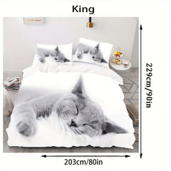 3pc 3D Cat Print Duvet Cover Set, Soft Comfortable Bedding with Zipper