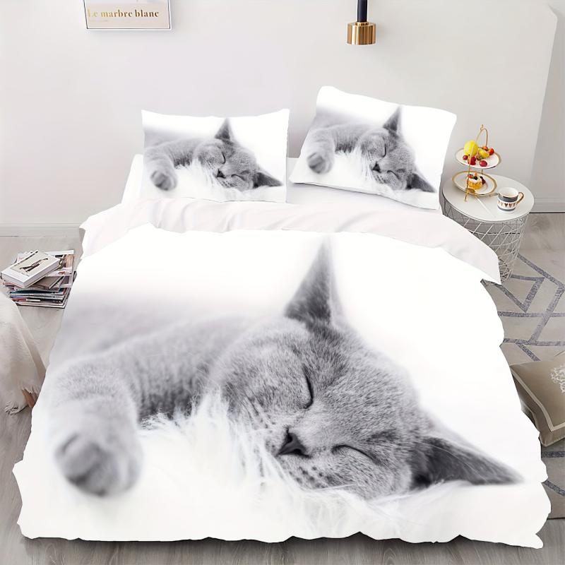 3pc 3D Cat Print Duvet Cover Set, Soft Comfortable Bedding with Zipper