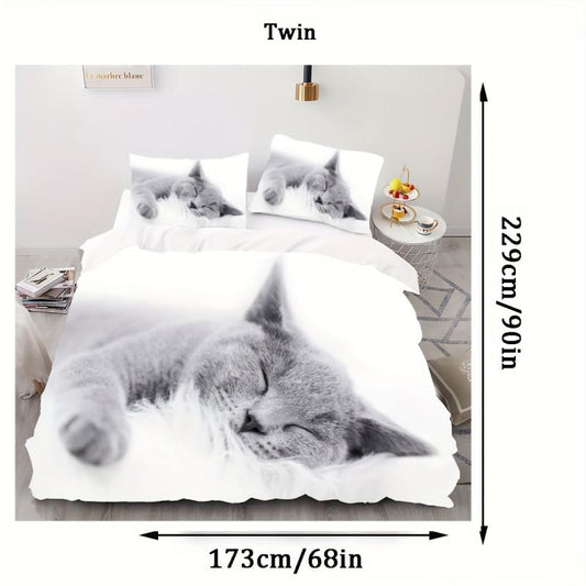3pc 3D Cat Print Duvet Cover Set, Soft Comfortable Bedding with Zipper