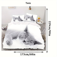 3pc 3D Cat Print Duvet Cover Set, Soft Comfortable Bedding with Zipper
