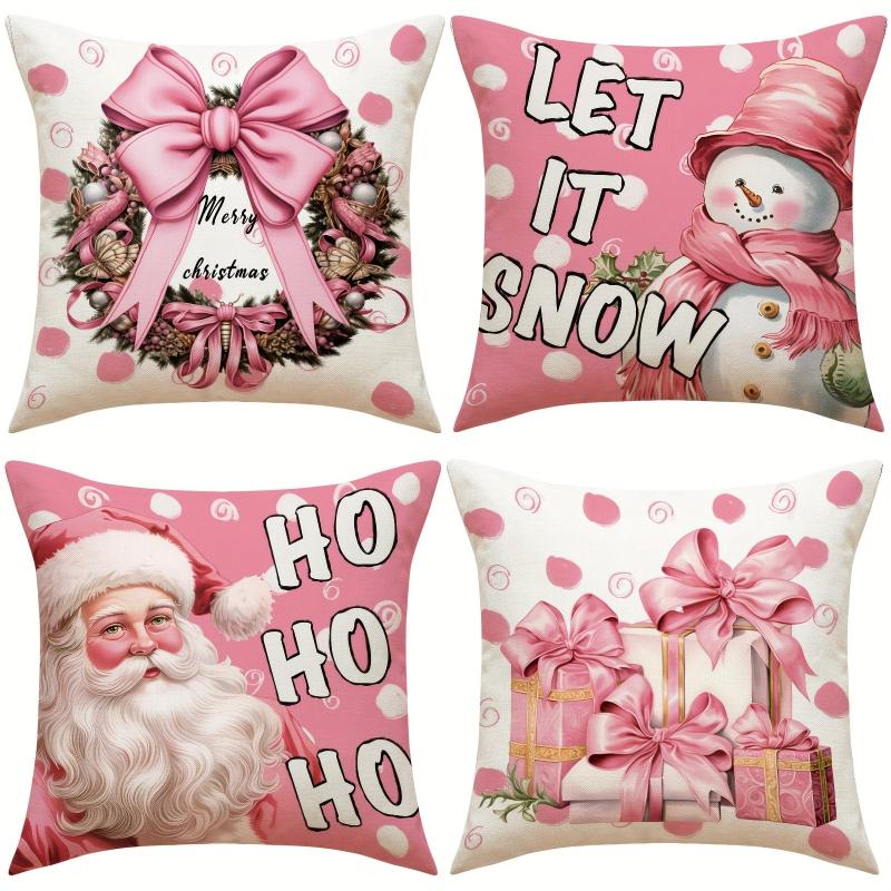 Christmas Snowman Throw Pillow Cover - Pink Letter Printed Pillowcase