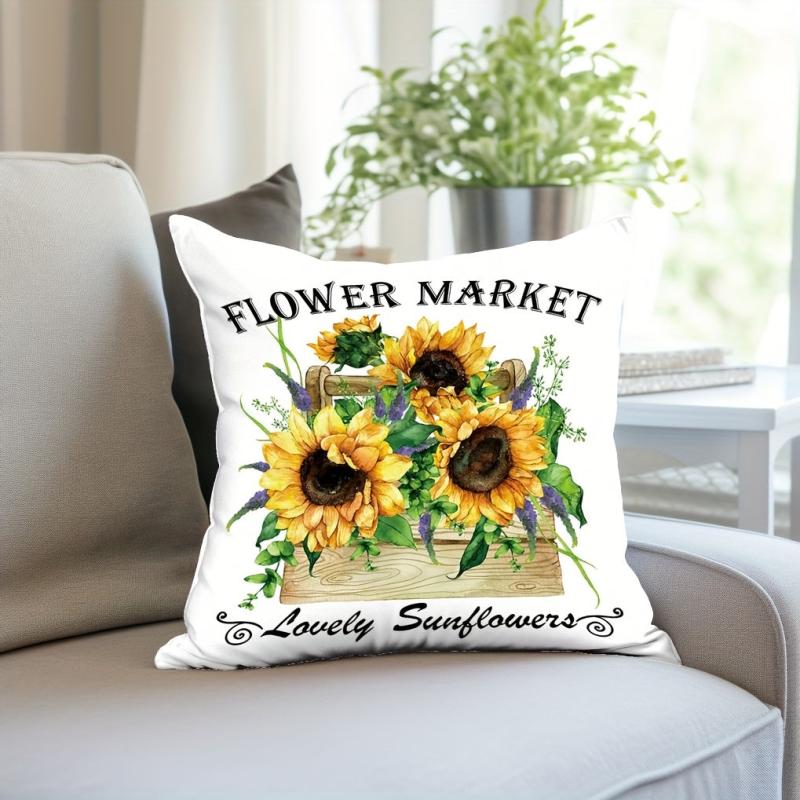 Sunflower Flower Basket Throw Pillowcase 17.7x17.7 Inches