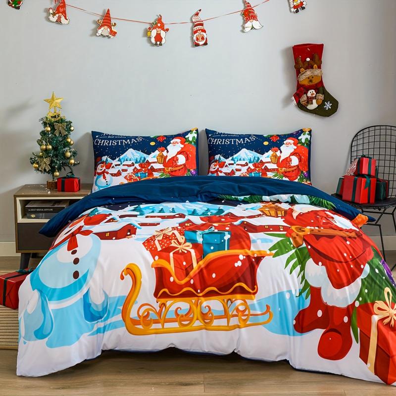 Christmas Santa Claus Gingerbread Elf Deer Plaid Duvet Cover Set