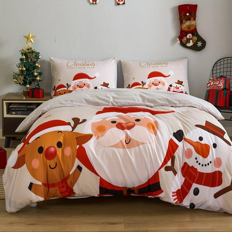 Christmas Santa Claus Gingerbread Elf Deer Plaid Duvet Cover Set