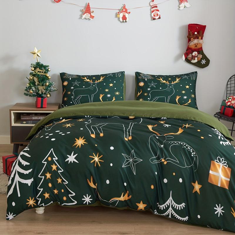 Christmas Santa Claus Gingerbread Elf Deer Plaid Duvet Cover Set