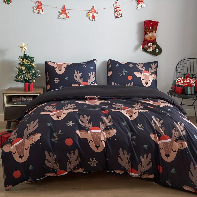 Christmas Santa Claus Gingerbread Elf Deer Plaid Duvet Cover Set