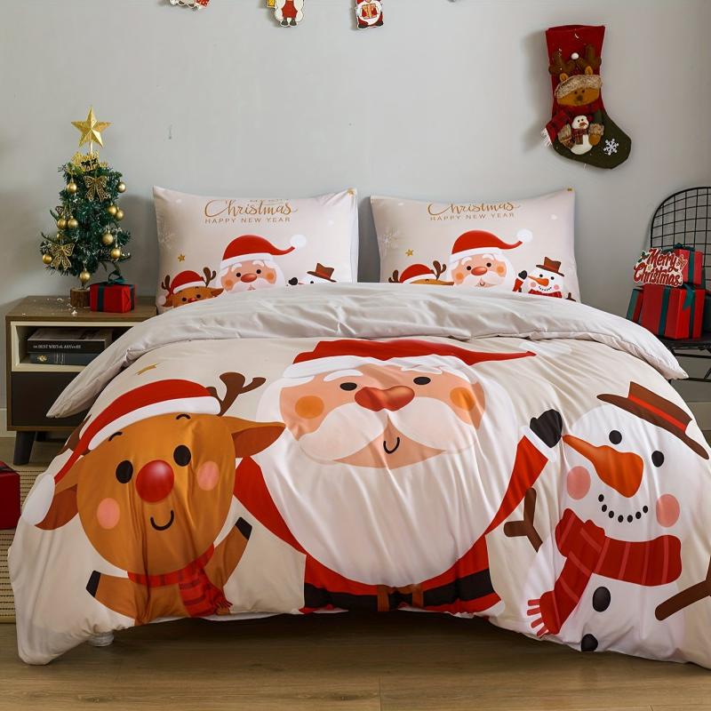 Christmas Santa Claus Gingerbread Elf Deer Plaid Duvet Cover Set