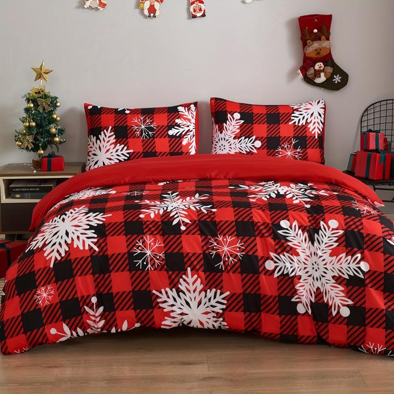 Christmas Santa Claus Gingerbread Elf Deer Plaid Duvet Cover Set