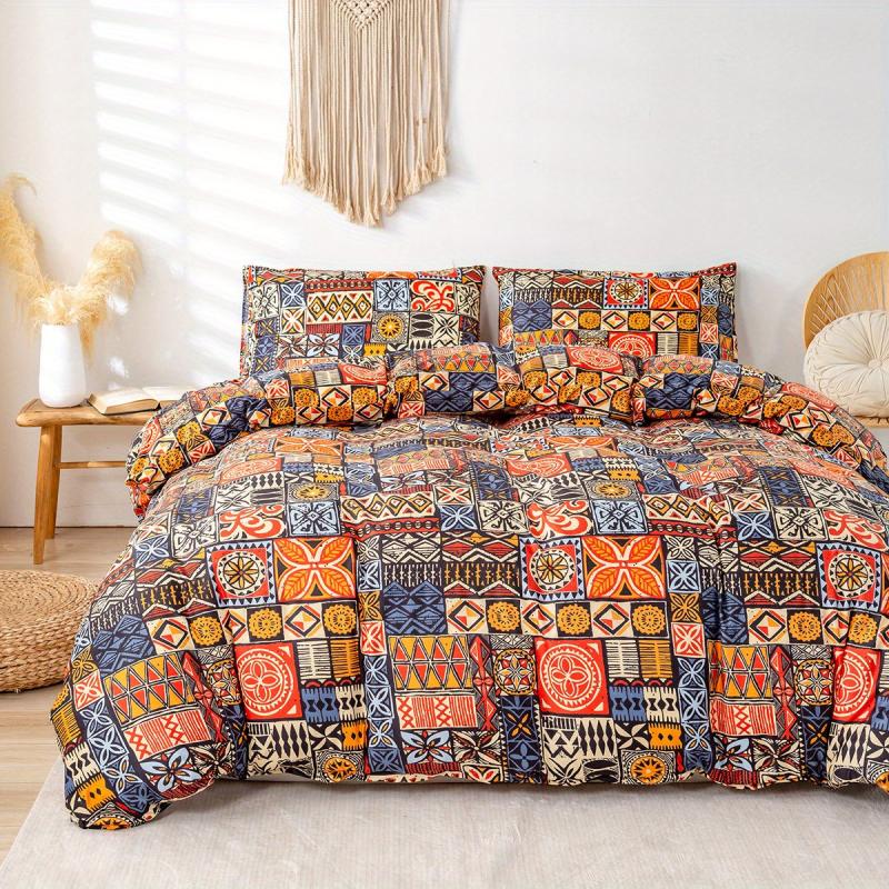 3pcs Abstract Square Print Duvet Set Soft Comfortable Boho Pattern Bedding