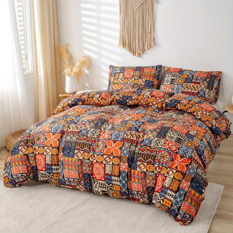 3pcs Abstract Square Print Duvet Set Soft Comfortable Boho Pattern Bedding