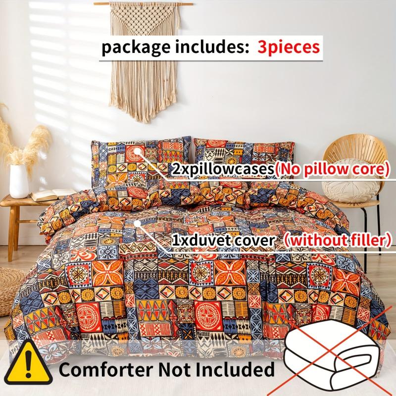 3pcs Abstract Square Print Duvet Set Soft Comfortable Boho Pattern Bedding