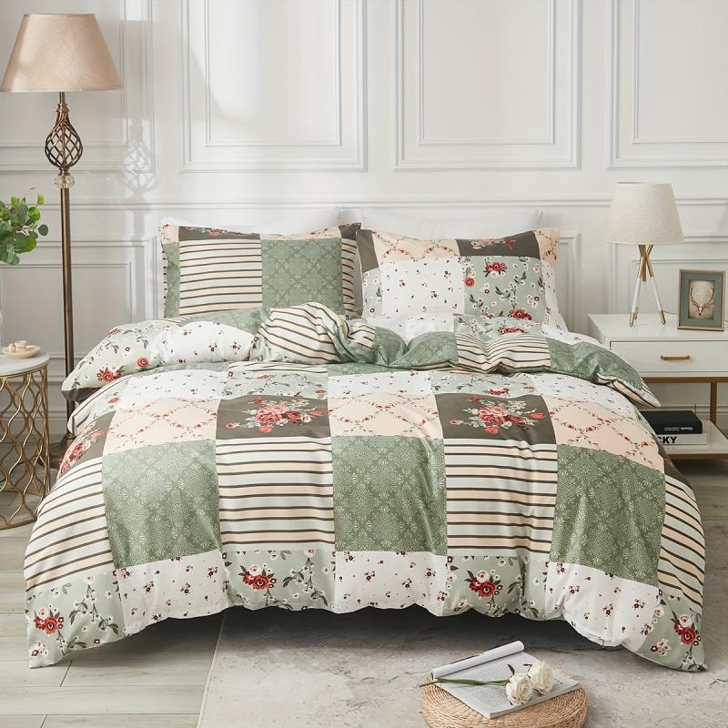 3pcs Plaid Floral Print Duvet Cover Set Soft Comfortable Bedding