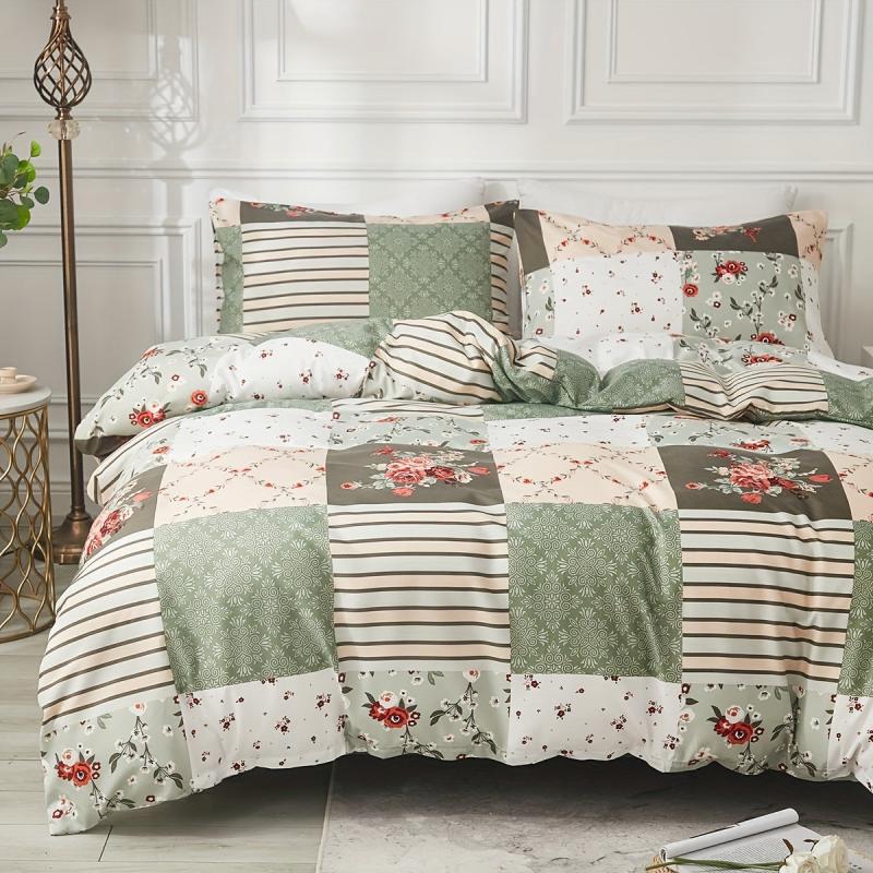 3pcs Plaid Floral Print Duvet Cover Set Soft Comfortable Bedding