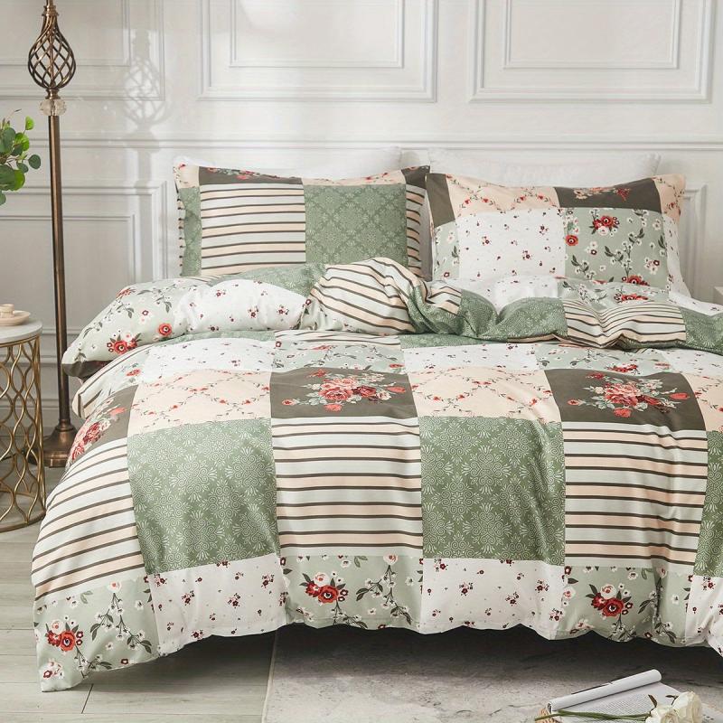 3pcs Plaid Floral Print Duvet Cover Set Soft Comfortable Bedding