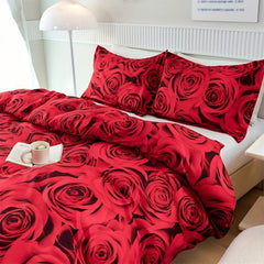 Romantic Red Rose Print Bedding Set Soft Comfortable Duvet Cover 3pcs