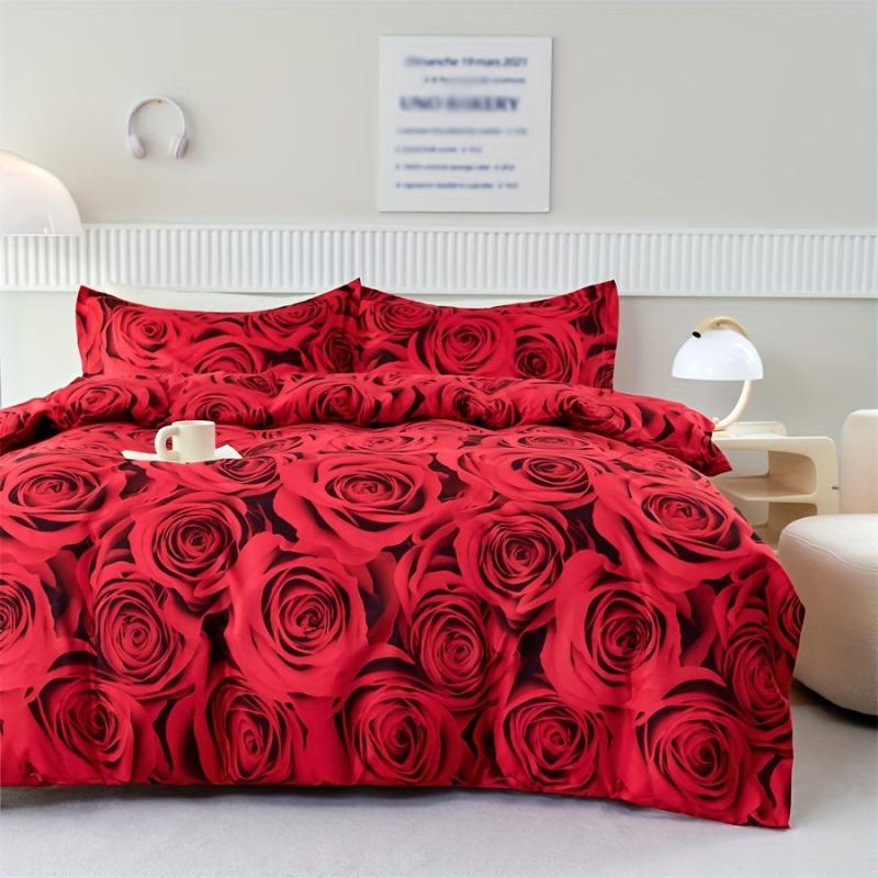 Romantic Red Rose Print Bedding Set Soft Comfortable Duvet Cover 3pcs