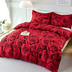 Romantic Red Rose Print Bedding Set Soft Comfortable Duvet Cover 3pcs