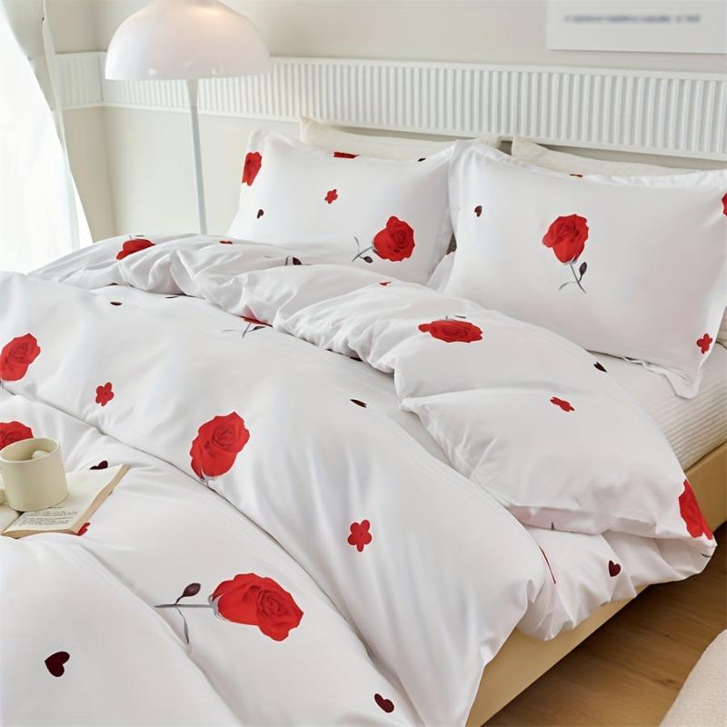 Romantic Red Rose Print Bedding Set - 3pcs Duvet Cover Set