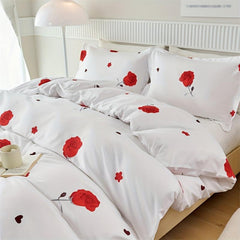Romantic Red Rose Print Bedding Set - 3pcs Duvet Cover Set