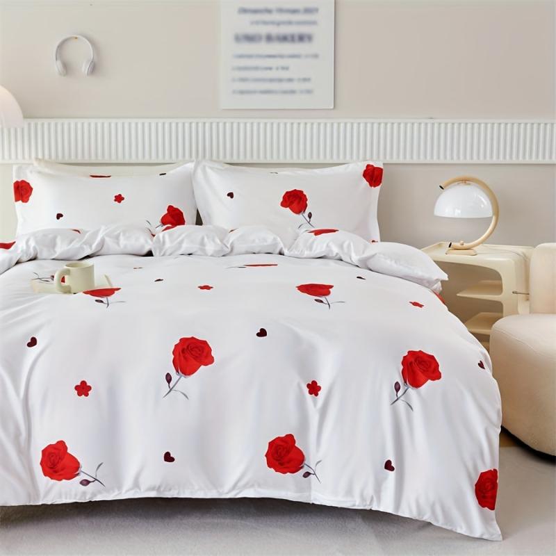 Romantic Red Rose Print Bedding Set - 3pcs Duvet Cover Set