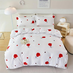 Romantic Red Rose Print Bedding Set - 3pcs Duvet Cover Set
