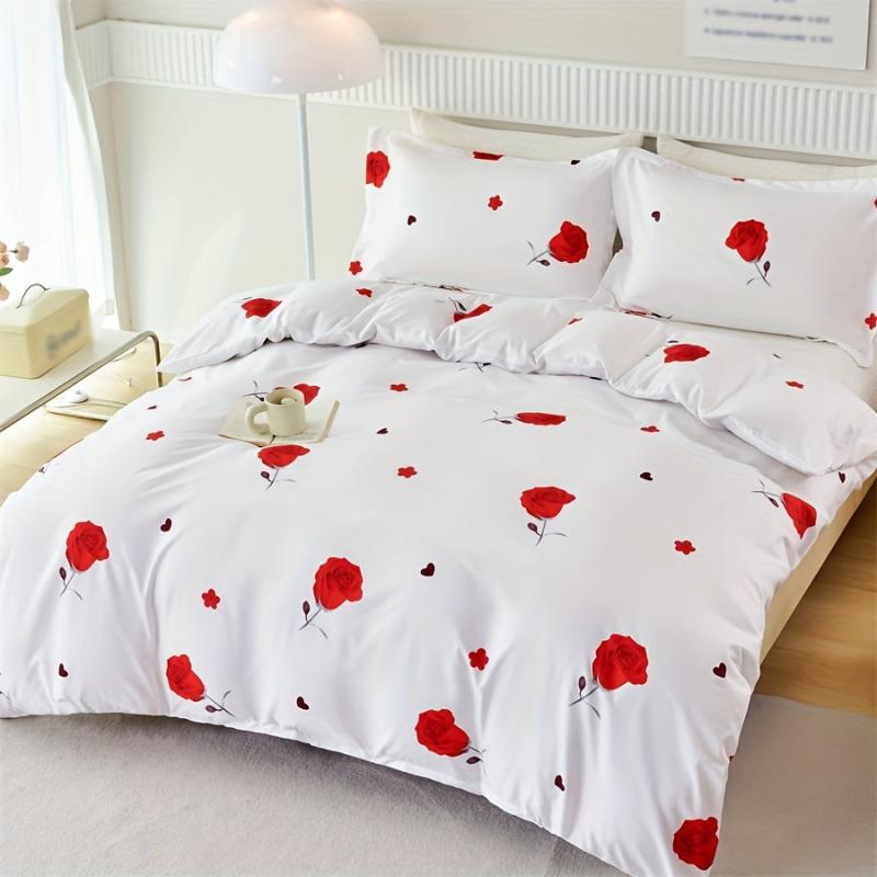 Romantic Red Rose Print Bedding Set - 3pcs Duvet Cover Set