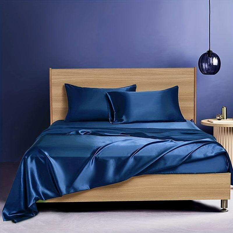 4pcs Satin Fitted Sheet Set Soft Silky Skin-friendly Silk Bedding