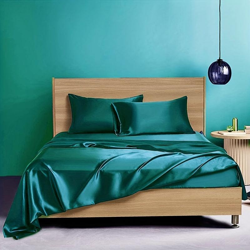 4pcs Satin Fitted Sheet Set Soft Silky Skin-friendly Silk Bedding