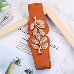 Double Golden Leaf Buckle Wide Belts - Solid Elastic Waistband for Women